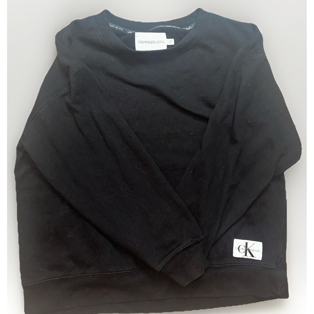 VTG Calvin Klein Jeans Women XL Black Cotton Blend Crewneck Sweatshirt Patch EUC